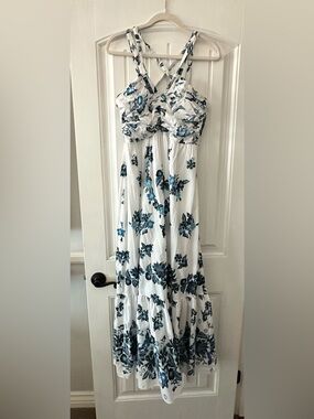 White House Black Market White Maxi Dress with Blue Floral Print